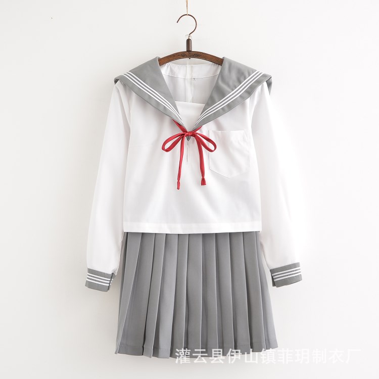 日系JK制服正統(tǒng)三本灰色水手服學(xué)生學(xué)院風(fēng)校班服長袖春秋套裝女