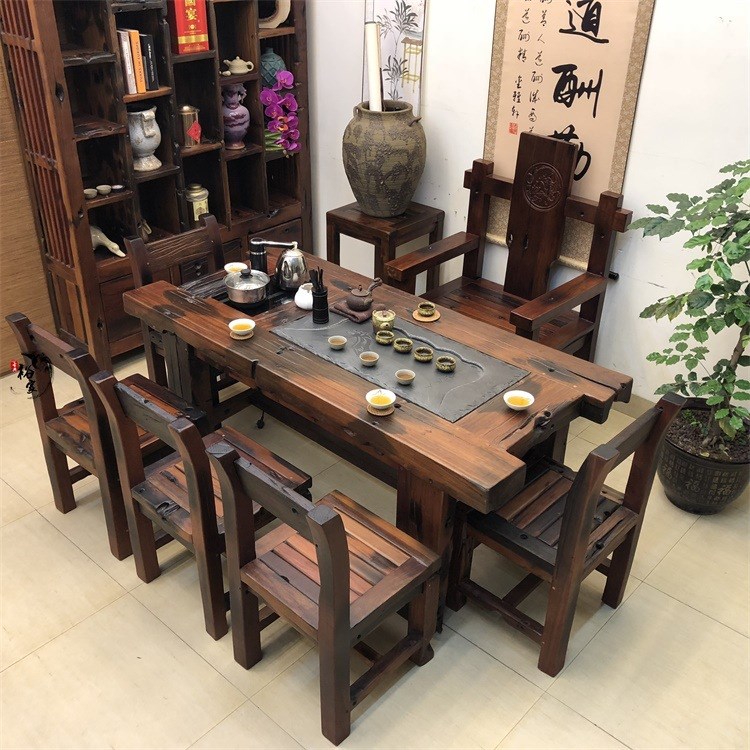 老船木中式仿古實(shí)木家具功夫茶幾中式簡(jiǎn)約休閑室內(nèi)船木茶桌椅組合