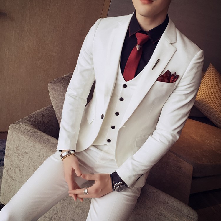 西服套装男商务正装修身款休闲小西装白色西装三件套夜店工作礼服