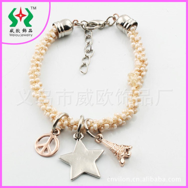 【新款手飾】歐美時(shí)尚簡(jiǎn)約合金金字塔和平彈力手鏈外貿(mào)環(huán)保飾品廠