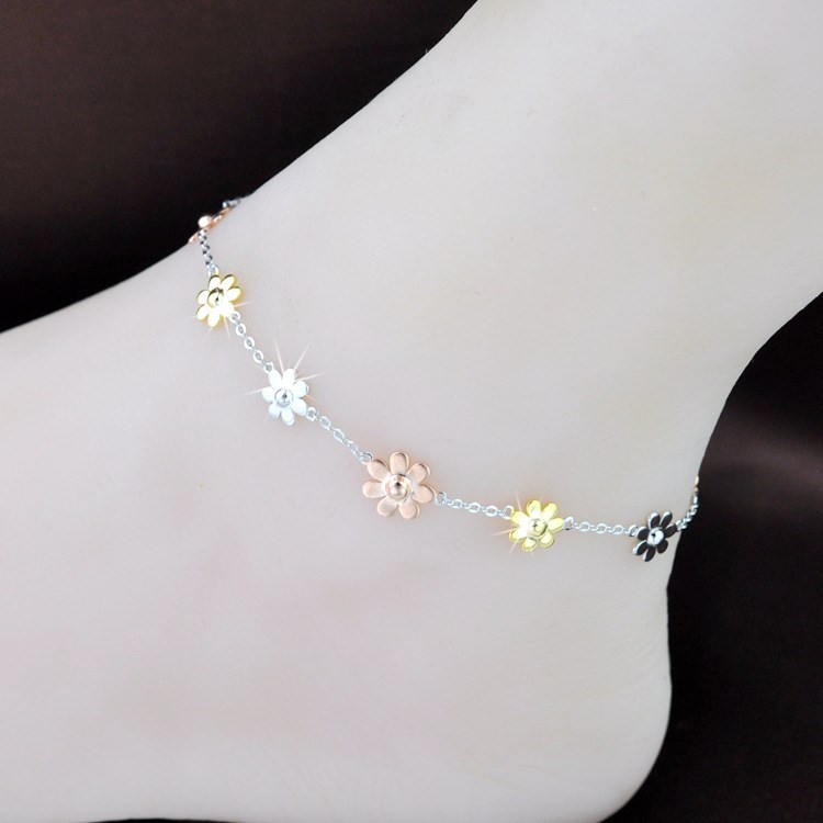 彩銀腳鏈女S925銀鍍彩金梅花腳鏈女簡約氣質(zhì)日韓銀飾情人節(jié)禮物