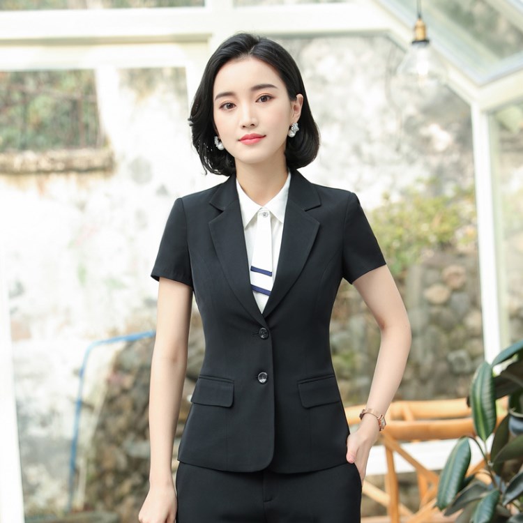 夏季半袖女士西服工作服職業(yè)套裝 黑色夏款西裝配裙褲子團購批發(fā)