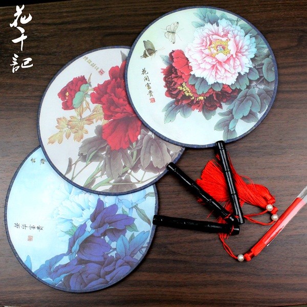 雙面宮扇*牡丹團扇*舞蹈攝影道具*古典真絲團扇*廣告定制*