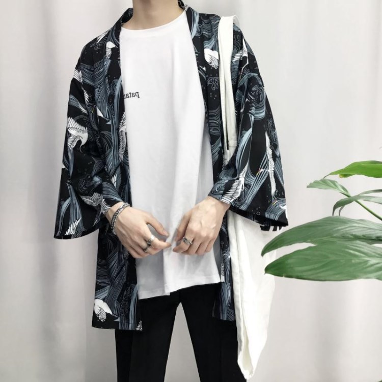 日系浮世繪飛鶴海浪七分袖和服開衫男女情侶寬松薄款半袖襯衣道袍