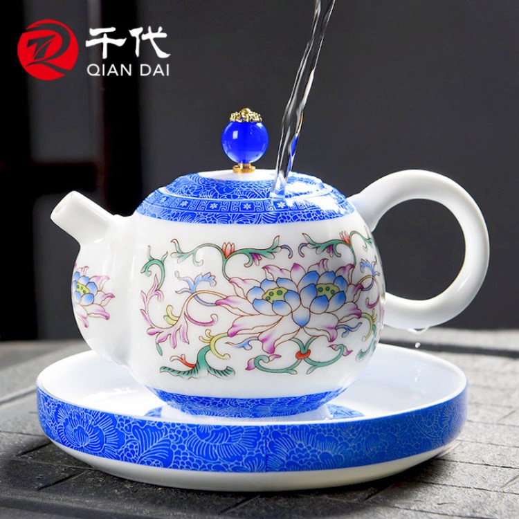 千代 手工扒花青花瓷茶壺 琺瑯彩滿花泡茶壺壺承 景德鎮(zhèn)扒花茶具