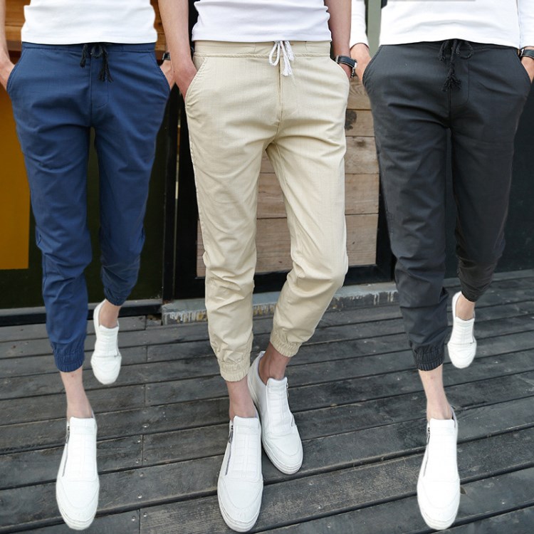 加大碼休閑褲男女生小腳哈倫束腿褲松緊收腳棉麻料亞麻薄款九分褲