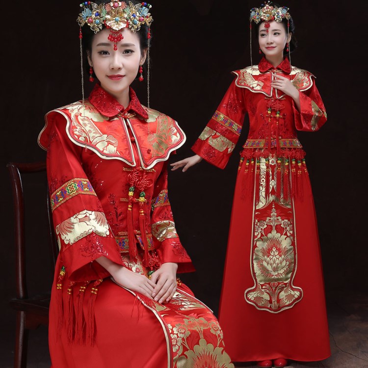 中式新娘結(jié)婚禮服刺繡龍鳳褂婚服上轎服復(fù)古孕婦嫁衣大碼秀禾服