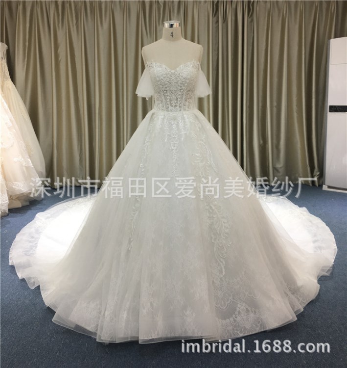 廠家定制秋冬新款拖尾婚紗新娘禮服韓式一字肩婚紗禮服結(jié)婚禮服批