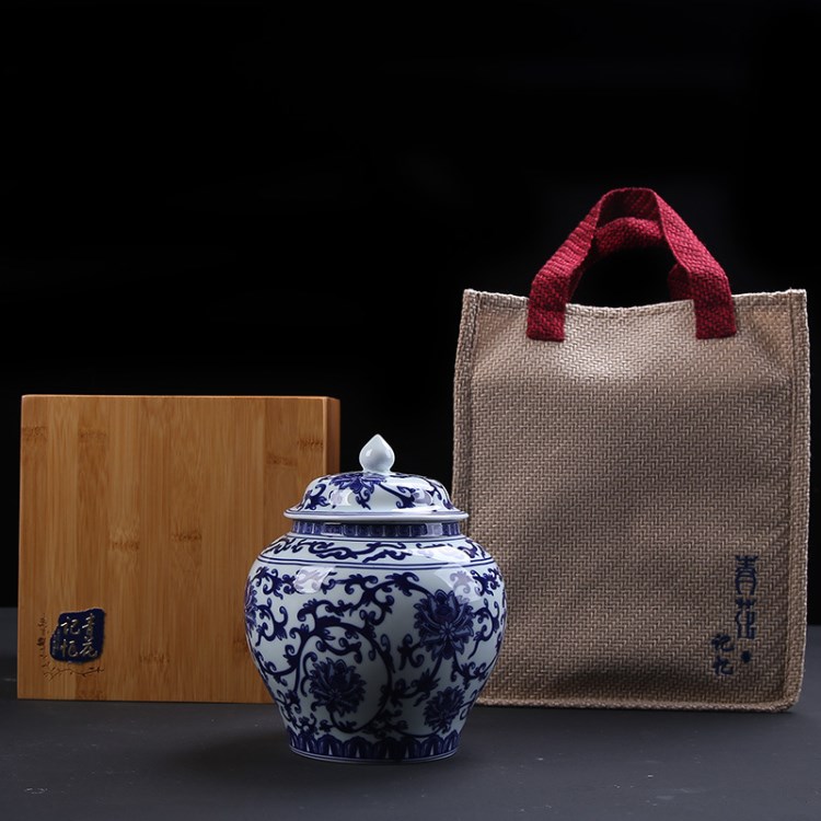 竹制茶葉禮品盒包裝盒青花記憶陶瓷罐密封貯存罐紅茶普洱通用