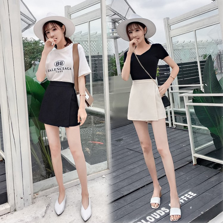 春夏假兩件A字裙褲女裝2018新款韓版時尚百搭高腰大碼色短褲女