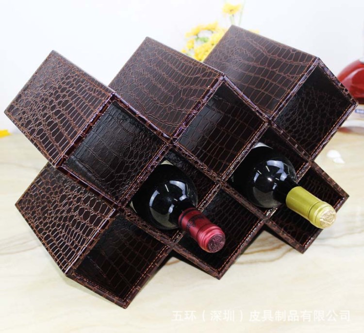 歐式高端皮質紅酒架 創意皮革木質酒柜制作 5格8格紅酒座加工