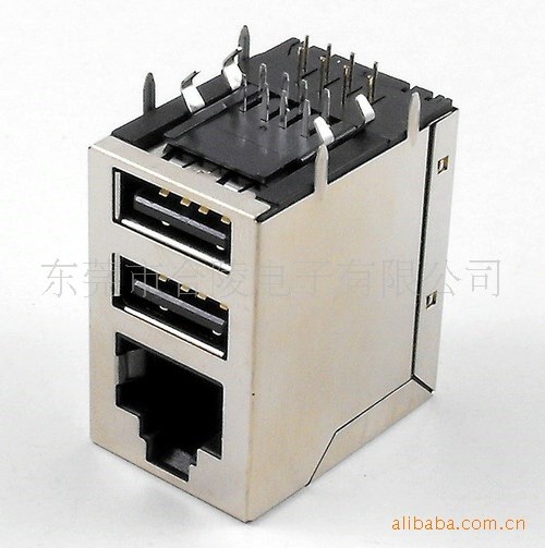 RJ45連接器，RJ45加雙層USB網(wǎng)絡(luò)插座帶屏蔽無燈