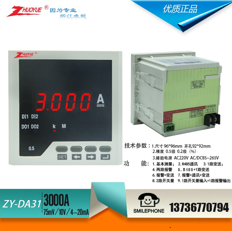 ZY-DA31儀表廠家直流數(shù)字智能電流表3000A 2路開關(guān)量輸入