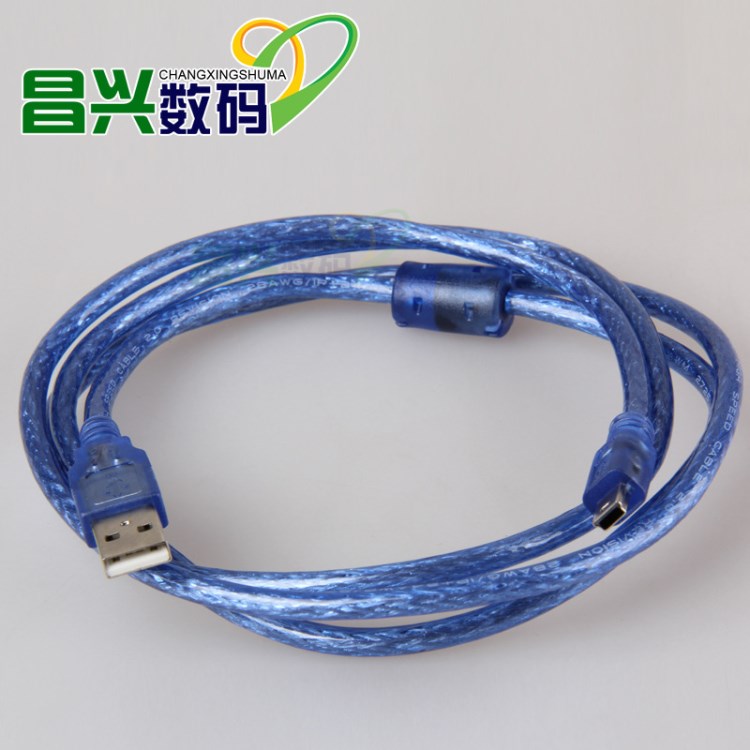 廠家直銷 電腦數(shù)據(jù)線 usb線2.0透明藍色 迷你5p 1.5米 全銅線芯