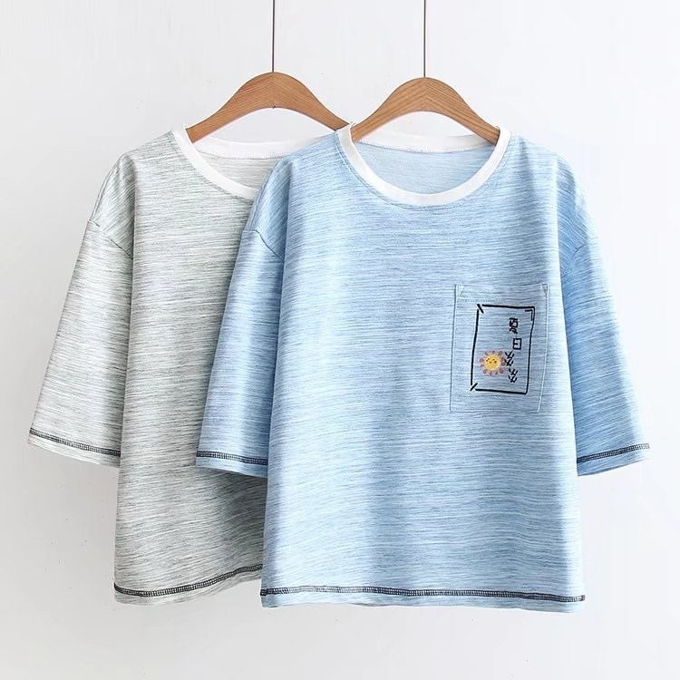 日系小清新口袋刺繡小太陽百搭短袖T恤 女批發24813