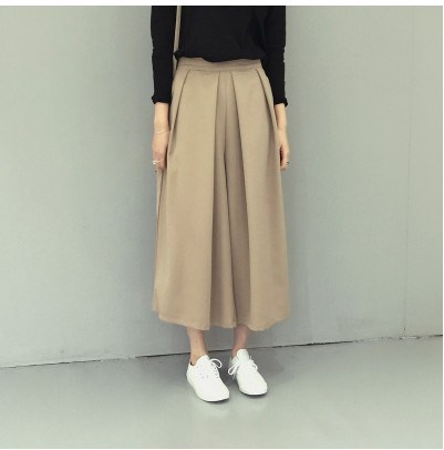 春季新款 大褲腳抽褶垂順西裝料百搭顯瘦寬松九分闊腿褲裙褲