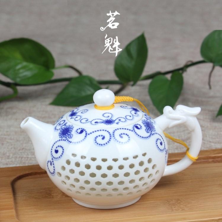 景德鎮(zhèn)玲瓏青花瓷 鏤空茶壺 大小紅茶普洱水壺陶瓷功夫茶具泡茶器