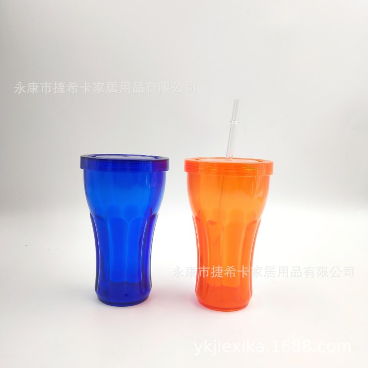 批發(fā)定制雙層塑料可樂(lè)杯帶吸管 雙層塑料冰杯歐美BPA FREE