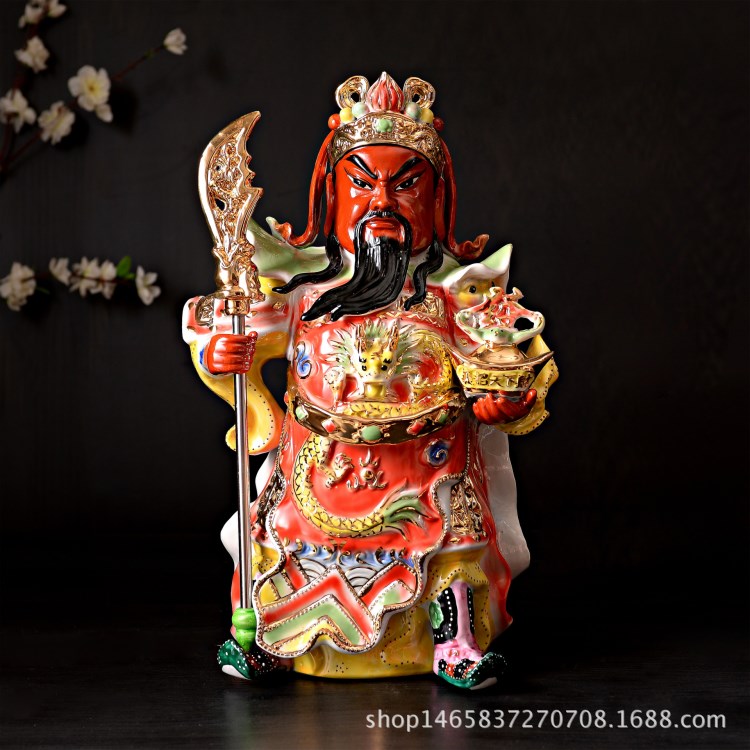 手工綠釉人氣中國紅站刀義招天下財關公武 財神佛像擺件工藝品