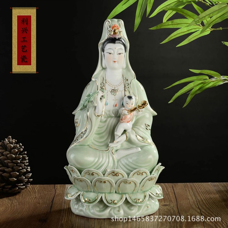 白玉綠釉蓮花觀世音送子觀音佛像廠家批發 陶瓷工藝品擺件佛像