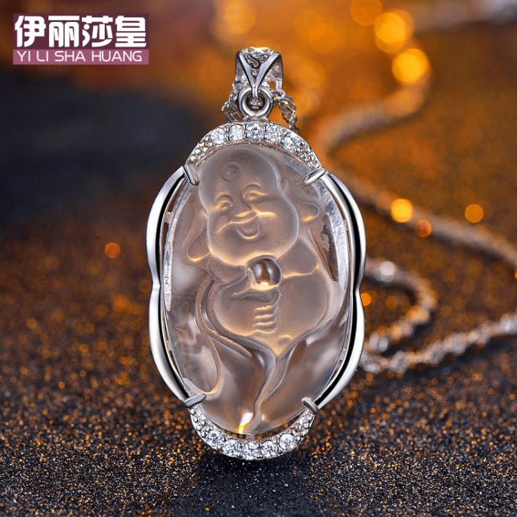 925銀 天然白水晶吊墜 自在笑臉佛彌勒佛項(xiàng)鏈 銀批發(fā)