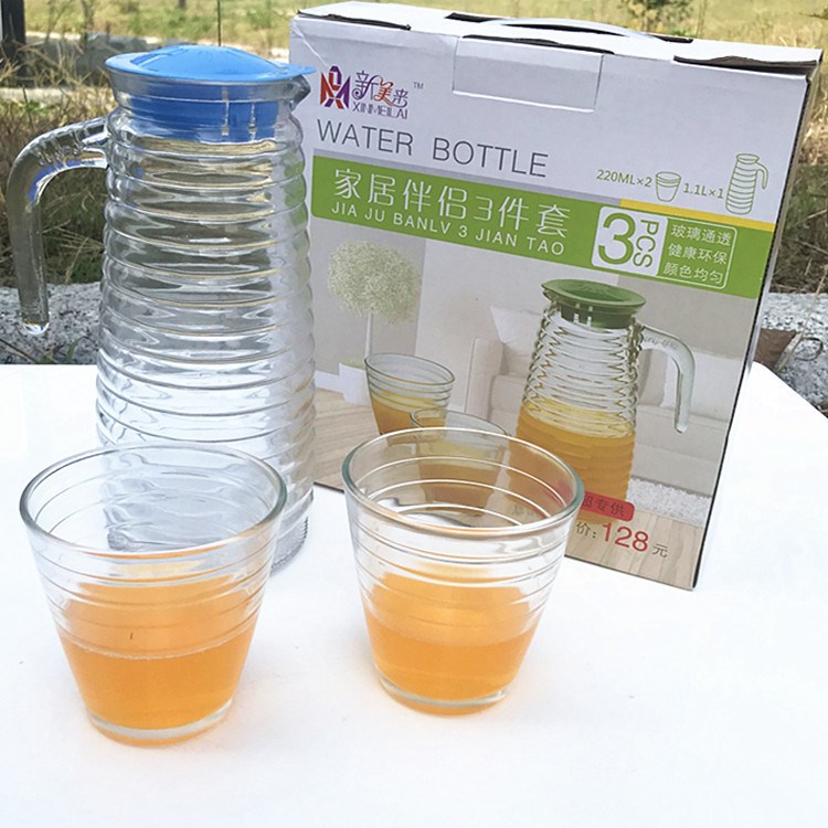 批發(fā)定制家用透明玻璃涼水壺三件套 雨點禮品杯波紋水具五件套