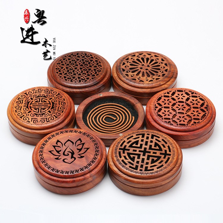 越南花梨木帶磁鐵盤香盒 圓形木質(zhì)香盒佛教用品批發(fā)