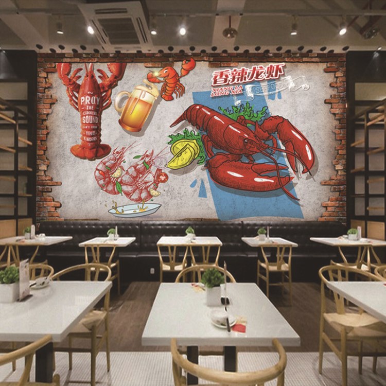 小龙虾墙纸麻辣壁纸手绘3d立体复古海鲜主题饭店餐厅背景墙布壁画