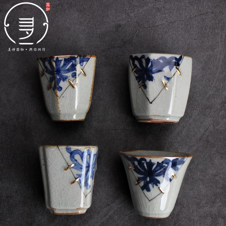 景德鎮焗瓷手繪青花補丁杯茶杯四方八角品茗杯個性異性主人單杯