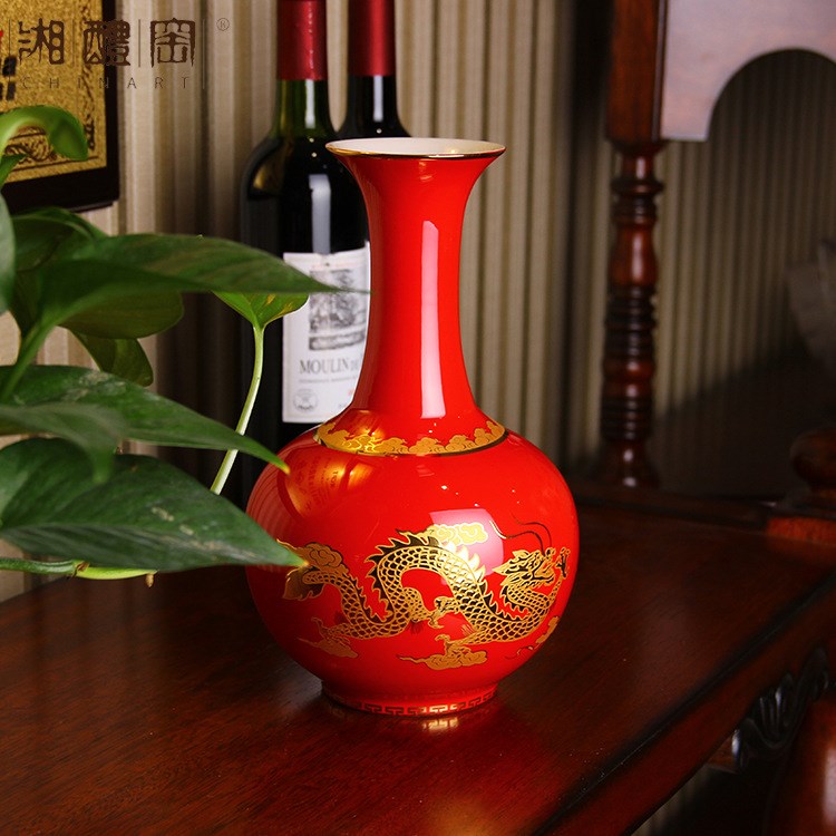 湘醴窯 中國(guó)紅陶瓷花瓶25cm賞瓶浮雕金龍家居禮品工藝擺件