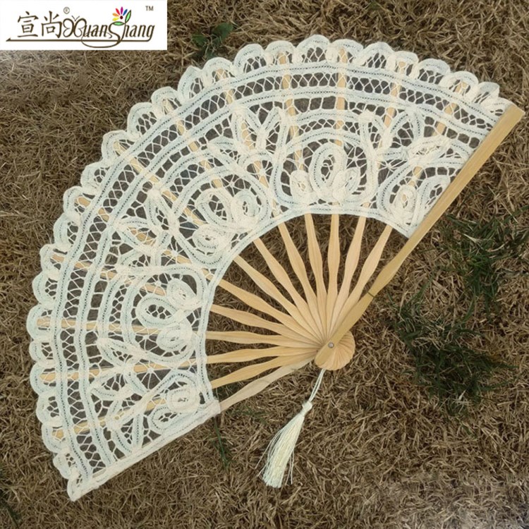 廠家批發(fā)蕾絲扇子 手工刺繡雙層扇 歐式工藝花邊折疊扇 米色