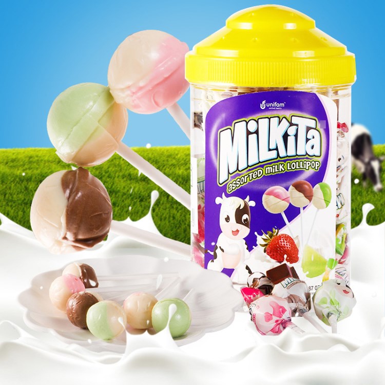 印尼优你康罐装水果双味棒棒糖450g混合口味糖果儿童零食品