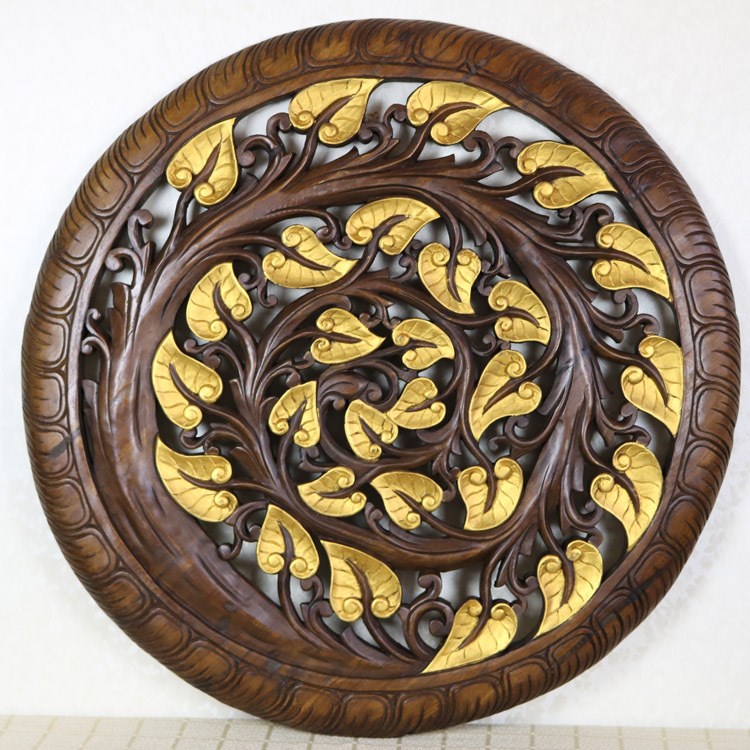泰国柚木90cm金色菩提叶圆形雕花板实木墙面挂件工艺品壁饰壁挂