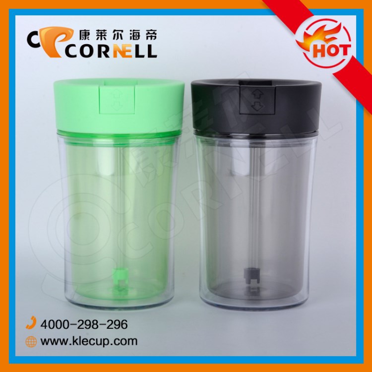 現(xiàn)貨批發(fā)新款380ml雙層塑料杯  帶吸管卡紙杯可免費定制log