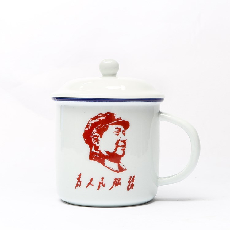 仿搪瓷大號(hào)水杯 懷舊陶瓷創(chuàng)意茶缸家用帶蓋 定制logo簡(jiǎn)約馬克杯