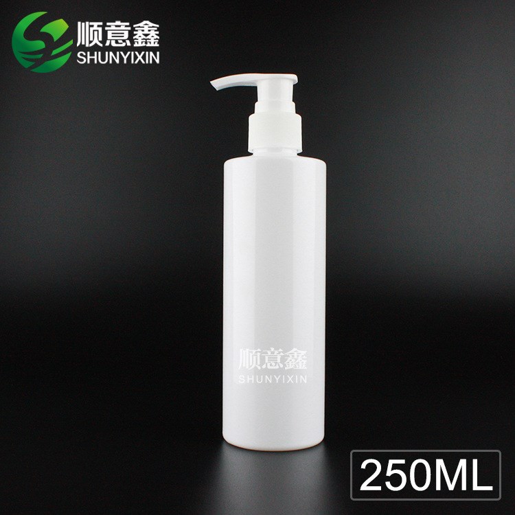 250ml  吹塑PET洗发水包装容器 乳液按压泵头 透明平肩塑料圆瓶子