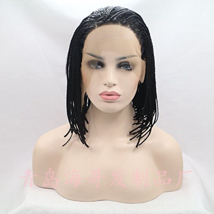 黑色三股辮子front lace wig 前蕾絲化纖假發(fā)頭套 亞馬遜爆款熱賣