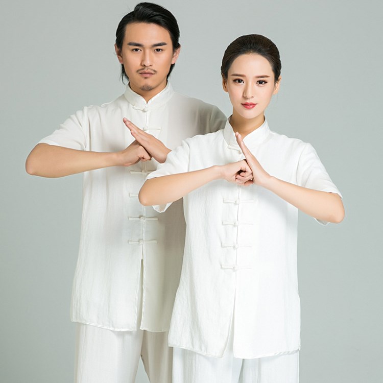 太極服棉麻夏季短袖中老年男女太極拳武術(shù)長(zhǎng)袖表演服晨練功批發(fā)