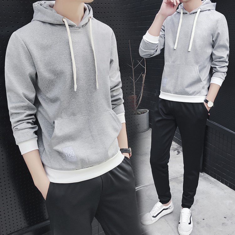 衛(wèi)衣套裝男 2018春季新款韓版修身連帽兩件套學(xué)生運動服潮男外套