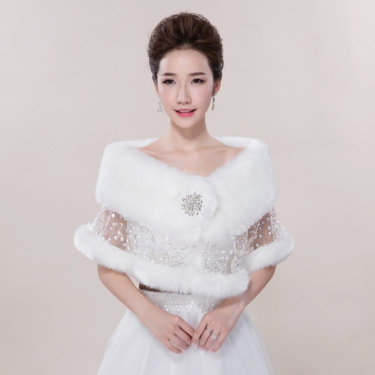 批發(fā)仿兔毛蕾絲鉆新娘結(jié)婚婚紗毛披肩秋冬婚禮演出禮儀披風(fēng)直銷