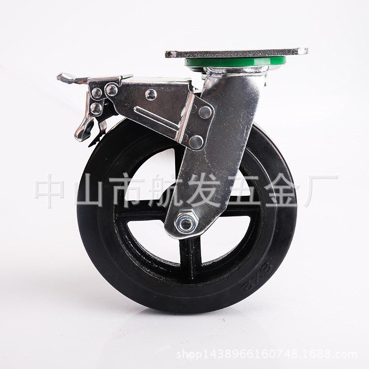 廠家批發(fā)重型腳輪8寸平板萬向帶剎鐵芯橡膠輪重型工具車輪子
