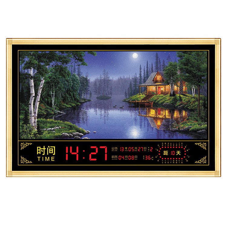 廠家直銷立體畫電子萬年歷掛墻萬年歷掛鐘帶裝飾畫國(guó)外鄉(xiāng)村夜景