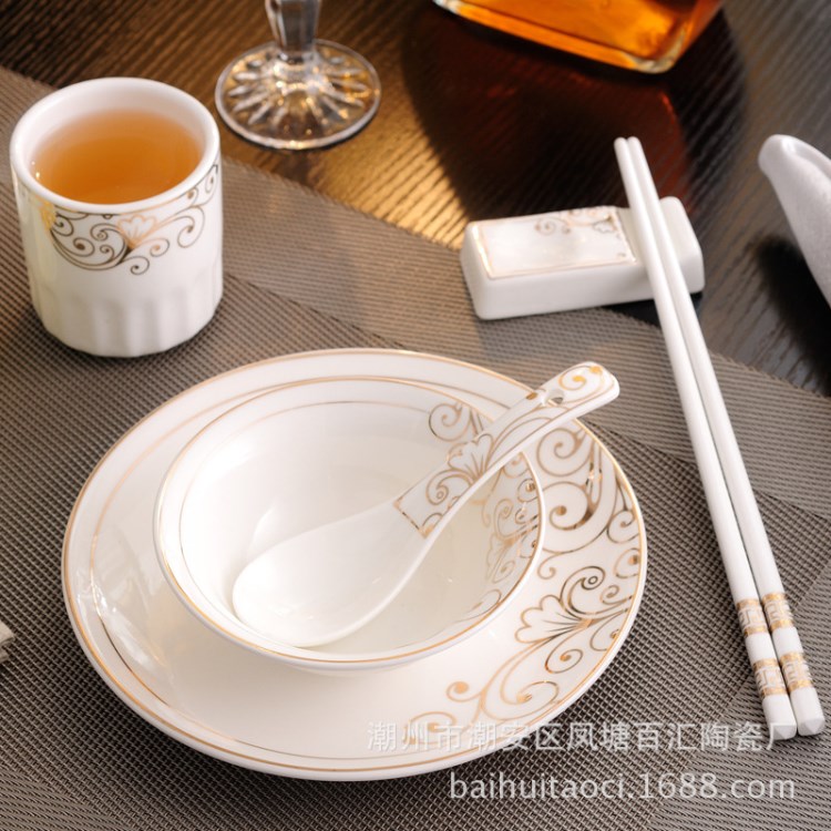 酒店擺臺餐具陶瓷擺臺三件套飯店用品套裝瓷餐廳碗碟盤湯勺