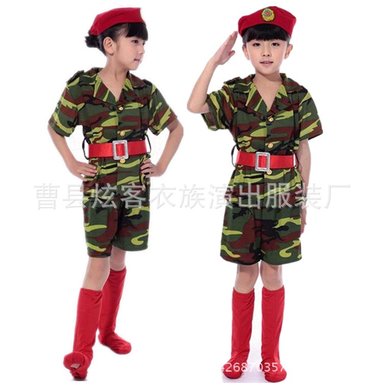 軍裝兒童迷彩演出服裝女童迷彩裙幼兒軍綠色短袖舞蹈裙合唱表演服