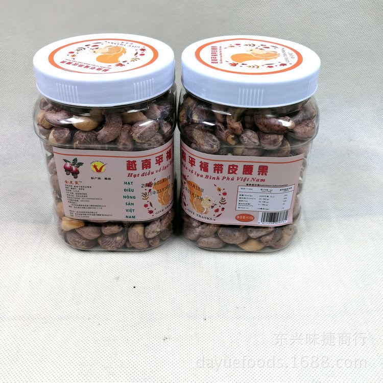 批發(fā) 越南腰果金尾鼠平福帶皮腰果罐裝鹽焗堅果毛重500克凈重410