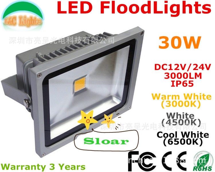 太陽能 DC12V 30W LED泛光燈 投光燈 廣告燈，森林公園、酒店別墅