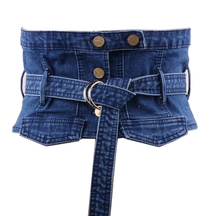 歐美收腹系帶藍色水洗束腰塑身寬腰帶女復古女士牛仔腰封裝飾