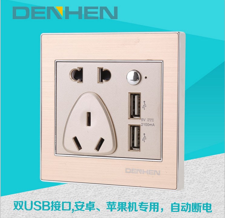 DENHENUSB新款銀色墻壁萬孔雙USB帶指示燈智能插座8602-003A