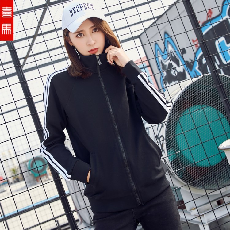 喜馬工廠直銷立領(lǐng)拉鏈工裝班服定制情侶長袖春秋三道杠衛(wèi)衣運(yùn)動外