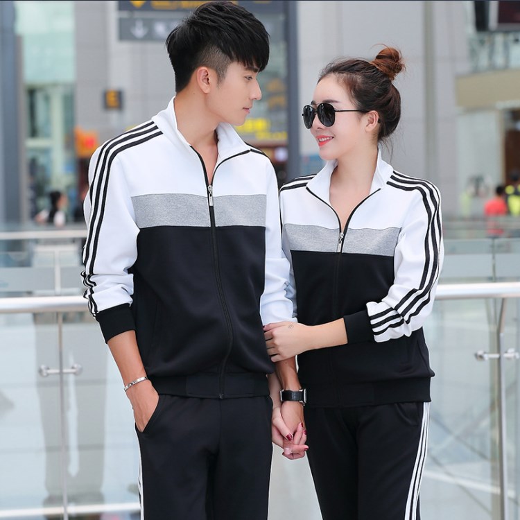 中學生團體拼色翻領運動服修身三條杠長袖休閑校服情侶跑步瑜珈服